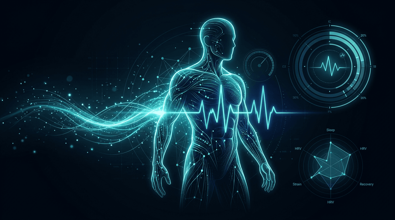A luminous human figure surrounded by training and recovery signals